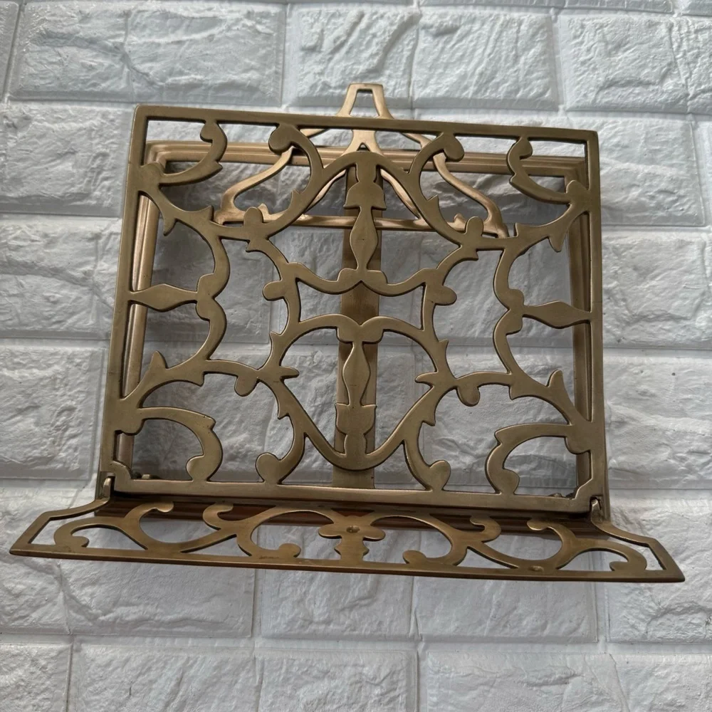 Vintage Ornate Brass Table Book Stand Holder Retractable Adjustable Folding